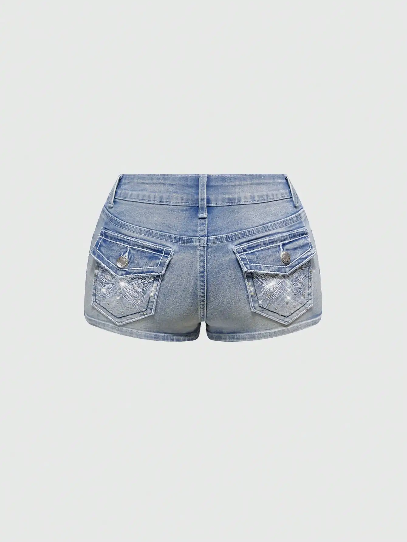 Y2K Style Butterfly Embroidery Rhinestone Distressed Super Low Waist Short Denim Shorts
Y2K Style Butterfly Embroidery Rhinestone Distressed Super Low Waist Short Denim Shorts