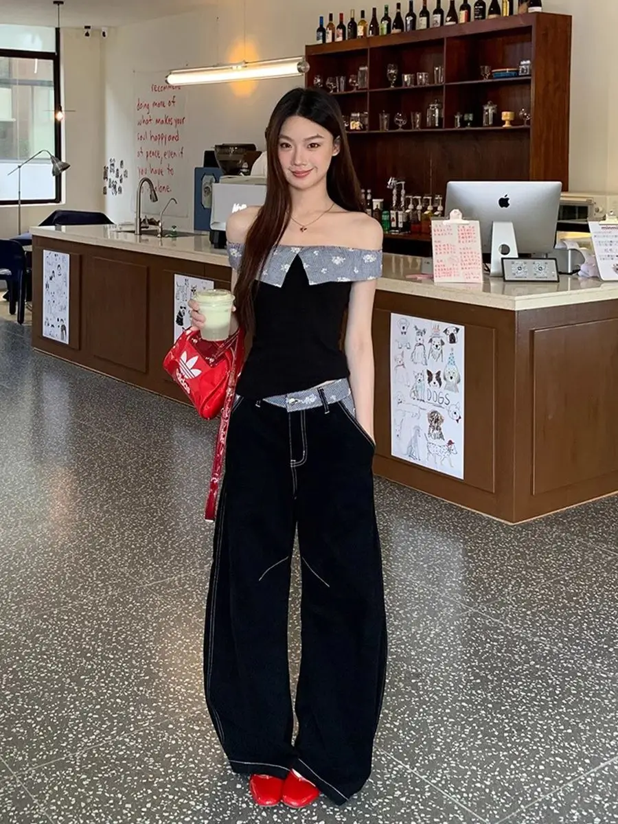 Hot Girl Pants Set Women's Summer Off Shoulder Slim Top Plaid Patchwork Jeans Two-piece Set Fashion Female Clothes
Hot Girl Pants Set Women's Summer Off Shoulder Slim Top Plaid Patchwork Jeans Two-piece Set Fashion Female Clothes