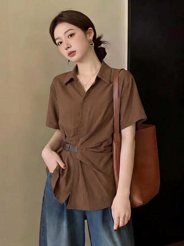 Elegant Coffee V-neck Short-sleeved Shirt Women's plus Size Mid-length Waist-cinching Top Korean Style Commute Fashion
Elegant Coffee V-neck Short-sleeved Shirt Women's plus Size Mid-length Waist-cinching Top Korean Style Commute Fashion