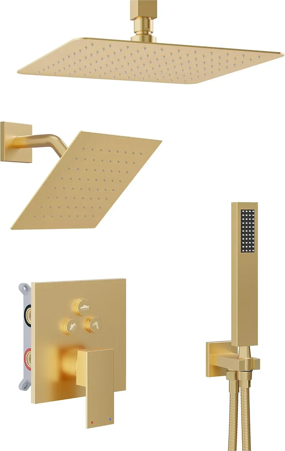 3-in-1 Gold Shower System with Push Button Valve, 10" Ceiling & 8" Wall Heads
3-in-1 Gold Shower System with Push Button Valve, 10" Ceiling & 8" Wall Heads