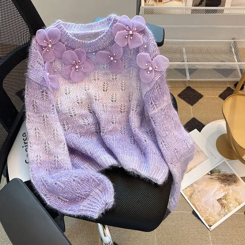 Gradient Purple Sweater Jacket for Women's Spring Autumn Bead Flower Base Shirt Lazy Style Soft Loose Casual Knitted Sweater Top
Gradient Purple Sweater Jacket for Women's Spring Autumn Bead Flower Base Shirt Lazy Style Soft Loose Casual Knitted Sweater Top