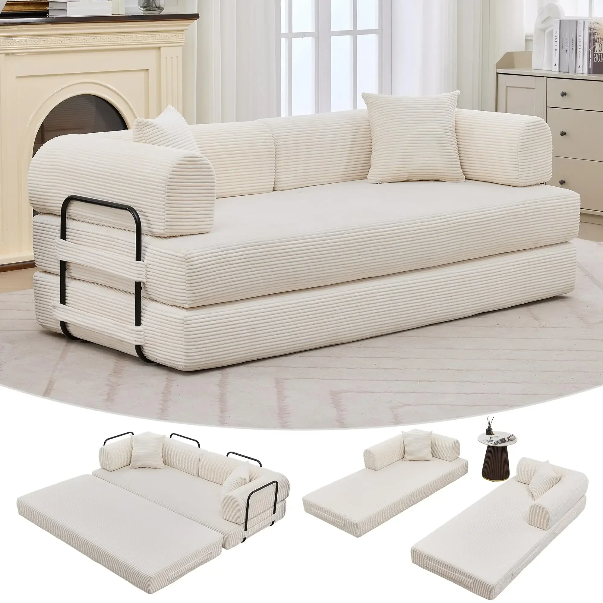 Beige 79 Inch Corduroy 4-Way Convertible Sofa Bed With Removable Pillow, Foldable Floor Couch For Living Room, No Tools Needed
Beige 79 Inch Corduroy 4-Way Convertible Sofa Bed With Removable Pillow, Foldable Floor Couch For Living Room, No Tools Needed