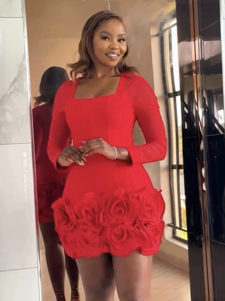 Sexy Square Neck Flower Embellished Mini Bandage Dress Women Black Red Long Sleeves Florals Bodycon Dresses Evening Cocktail Gow
Sexy Square Neck Flower Embellished Mini Bandage Dress Women Black Red Long Sleeves Florals Bodycon Dresses Evening Cocktail Gow