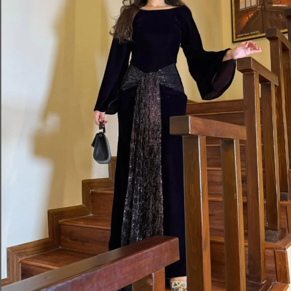 Customized Velvet Ankle-Length Women's evening dress Long Sleeve Boat Neck Prom Gowns Straight Backless wedding party dress
Customized Velvet Ankle-Length Women's evening dress Long Sleeve Boat Neck Prom Gowns Straight Backless wedding party dress