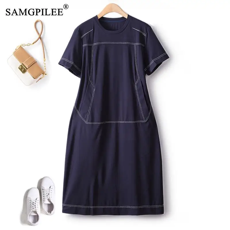 Elegant Dresses For Women 2023 Simple Commuter Short Sleeve Summer New Bright Line Decoration Loose Vertical Casual Female Dress 
Elegant Dresses For Women 2023 Simple Commuter Short Sleeve Summer New Bright Line Decoration Loose Vertical Casual Female Dress