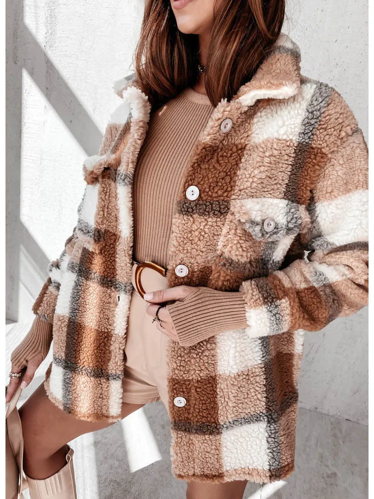 Autumn Winter Women's Double Pocket Plaid Furry Warm Jacket Coat Female Casual Soft Fluffy Fleece Jackets Overcoat
Autumn Winter Women's Double Pocket Plaid Furry Warm Jacket Coat Female Casual Soft Fluffy Fleece Jackets Overcoat