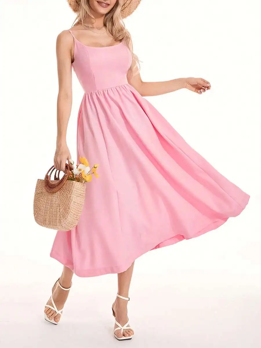 Womens Pink Sleeveless Midi Dress Spaghetti Strap Solid Color Beach Party Dress
Womens Pink Sleeveless Midi Dress Spaghetti Strap Solid Color Beach Party Dress