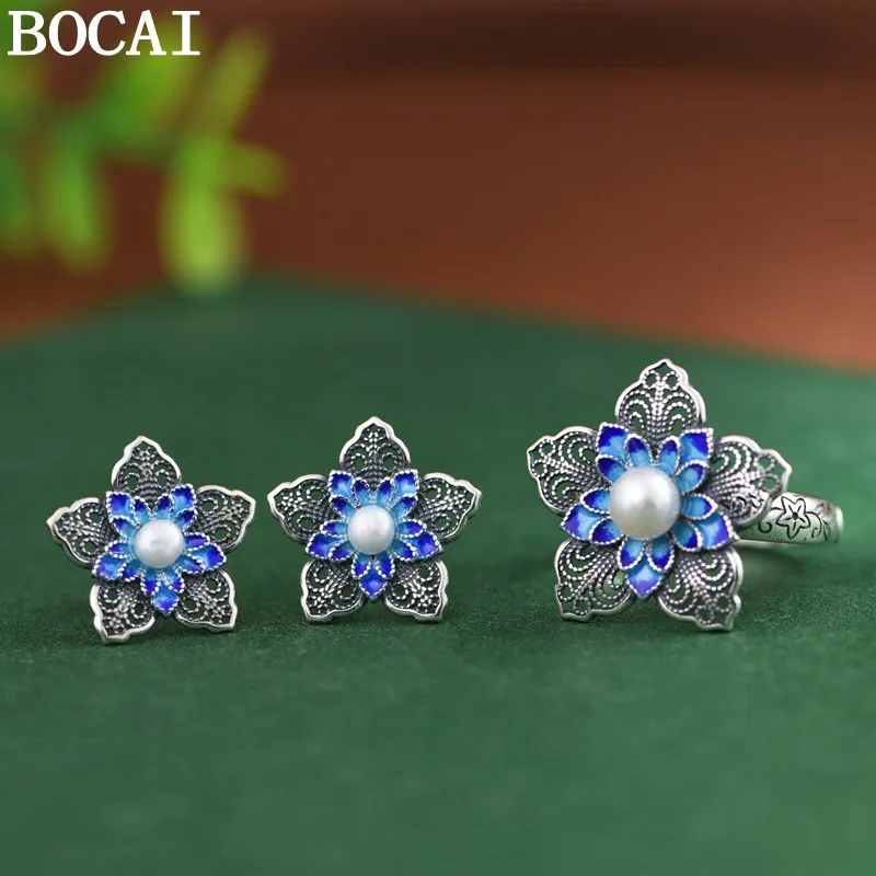 BOCAI New S925 Pure Silver Quaint And Elegant Set With Pearls Cloisonn é Flower Earrings Ladies' Selected Gift
BOCAI New S925 Pure Silver Quaint And Elegant Set With Pearls Cloisonn é Flower Earrings Ladies' Selected Gift
