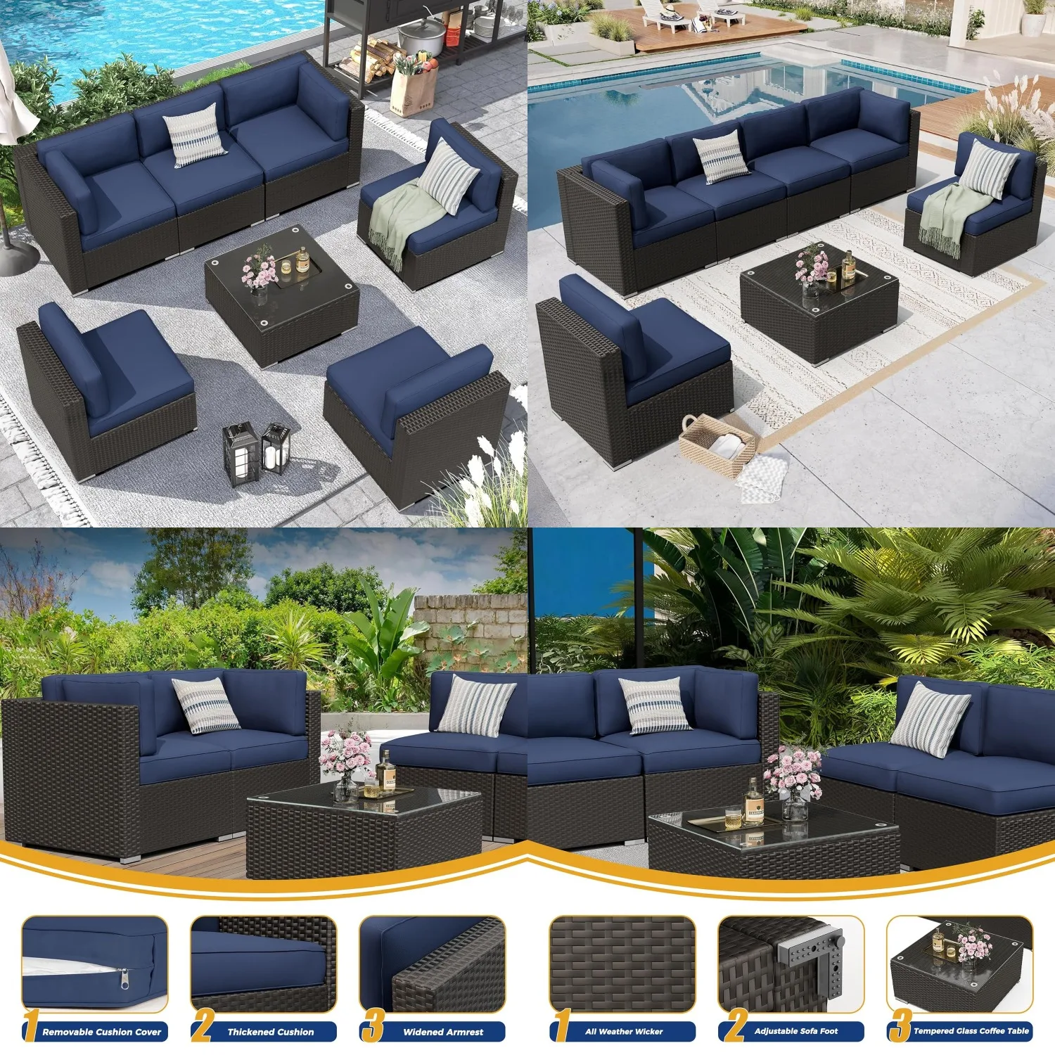 7-Piece All-Weather Sectional Sofa Outdoor Conversation Set Wicker Rattan Glass Top Table Removable Cushions, Customized
7-Piece All-Weather Sectional Sofa Outdoor Conversation Set Wicker Rattan Glass Top Table Removable Cushions, Customized