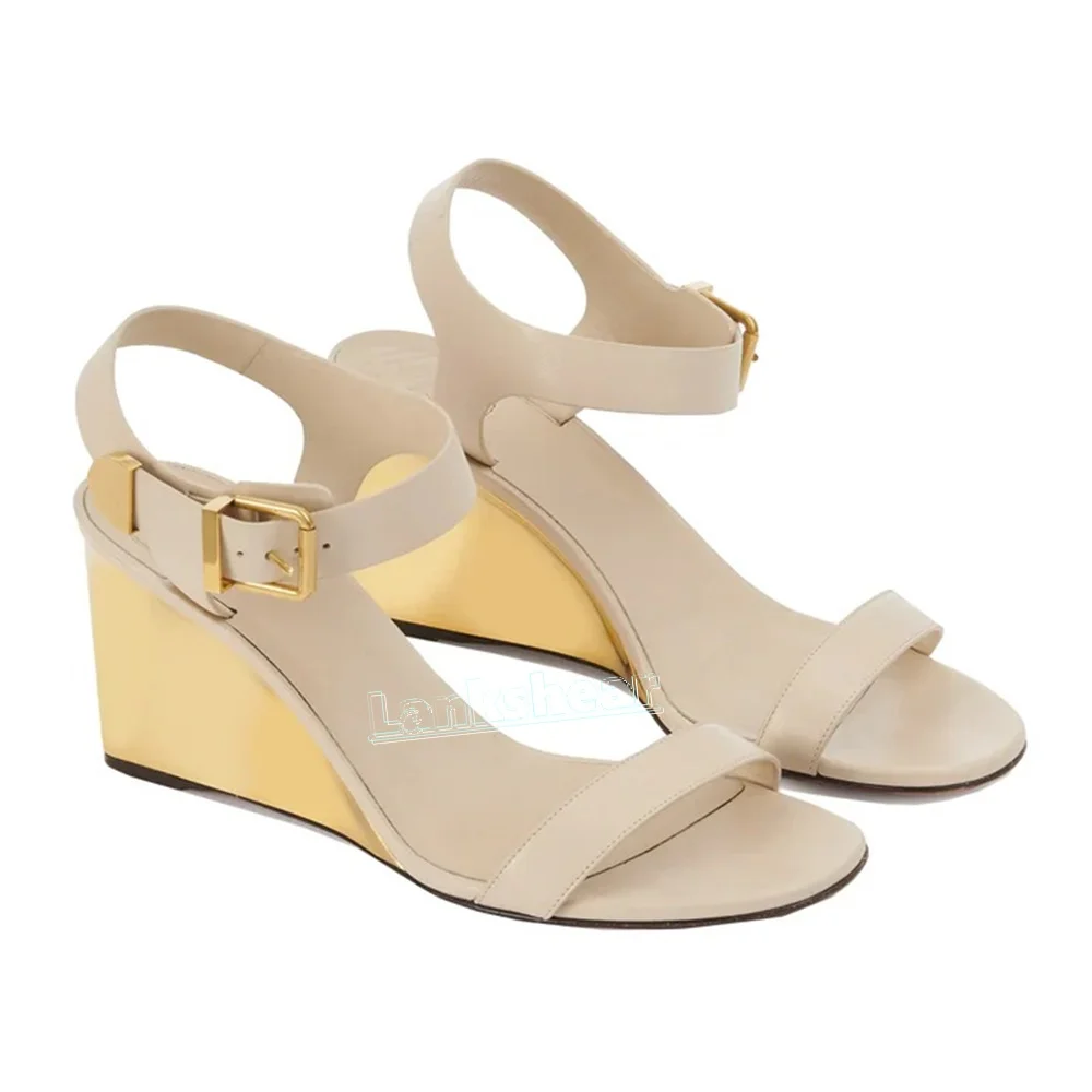 Gold Wedge Heel Snadals Round Open Toe Ankle Strap Buckle Sexy Slingback Solid Summer Dress Party Women Sandals 2025 New Arrival
Gold Wedge Heel Snadals Round Open Toe Ankle Strap Buckle Sexy Slingback Solid Summer Dress Party Women Sandals 2025 New Arrival