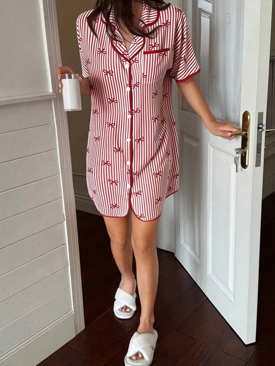Womens Striped Bow Print Lapel Short Sleeve Button Up Nightgown Summer Loose Pajamas
Womens Striped Bow Print Lapel Short Sleeve Button Up Nightgown Summer Loose Pajamas