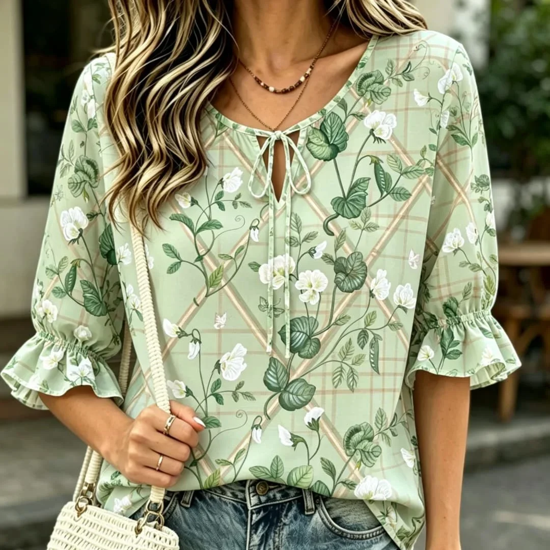 Green Plaid Floral Print Tie Neck Blouse Ruffle Half Sleeve Casual Loose Summer Blouse
Green Plaid Floral Print Tie Neck Blouse Ruffle Half Sleeve Casual Loose Summer Blouse