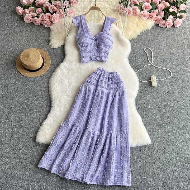 2025 Summer Casual Beach Style 2pcs Suits Single Breasted Mini Camisole+Elastic Waist A Line Fold Slim Skirt Gentle Women Sets
2025 Summer Casual Beach Style 2pcs Suits Single Breasted Mini Camisole+Elastic Waist A Line Fold Slim Skirt Gentle Women Sets