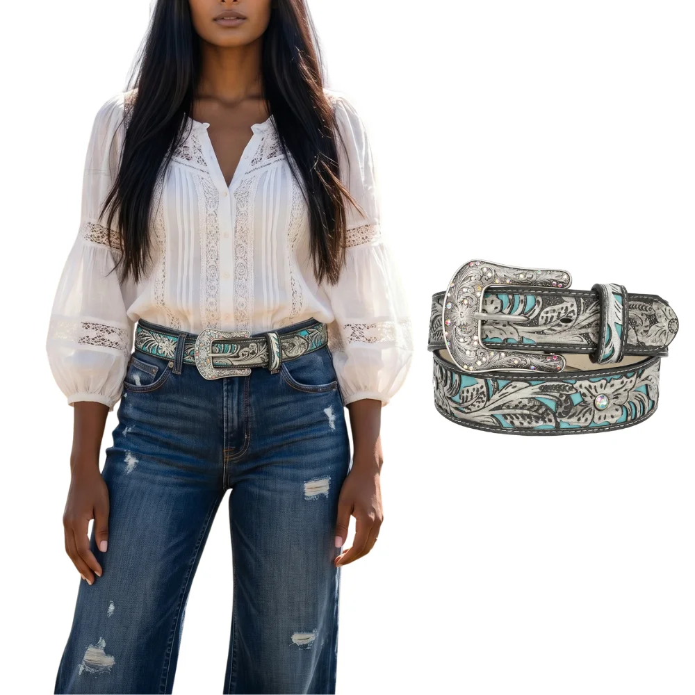 Vintage Turquoise Western Floral Embossed Belt, Turquoise Accent Cowgirl Waist Belt for Jeans & Dresses
Vintage Turquoise Western Floral Embossed Belt, Turquoise Accent Cowgirl Waist Belt for Jeans & Dresses