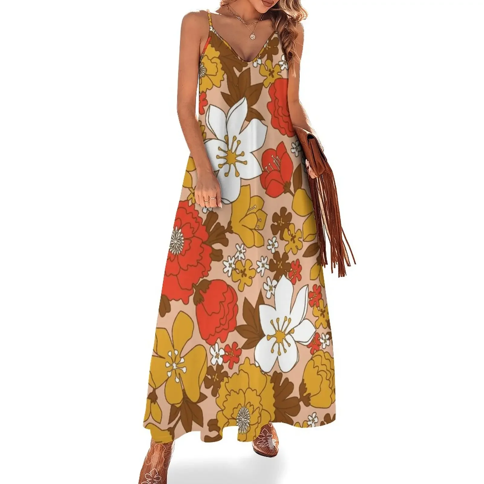 Orange, Yellow, White and Brown Retro Floral Pattern Sleeveless Dress womens dress beach dresses
Orange, Yellow, White and Brown Retro Floral Pattern Sleeveless Dress womens dress beach dresses