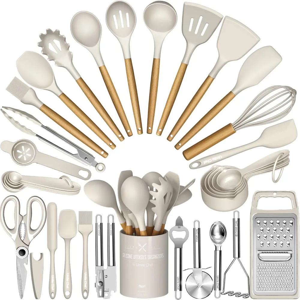 silicone kitchen utensil set, 34pcs heat resistant kitchen gadgets and tools with grater, wood handles for nonstick cookware
silicone kitchen utensil set, 34pcs heat resistant kitchen gadgets and tools with grater, wood handles for nonstick cookware