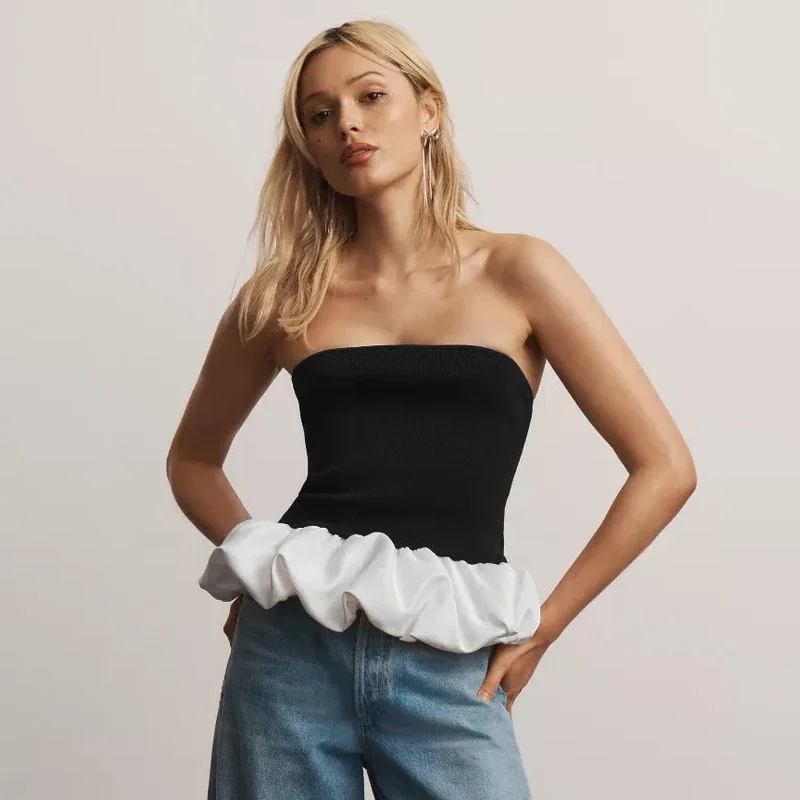 Ruffled Contrast Strapless T shirt Women's Sleeveless Sexy Slim Top Hot Girl Club Party T shirt Lady One Shoulder Splice 
Ruffled Contrast Strapless T shirt Women's Sleeveless Sexy Slim Top Hot Girl Club Party T shirt Lady One Shoulder Splice