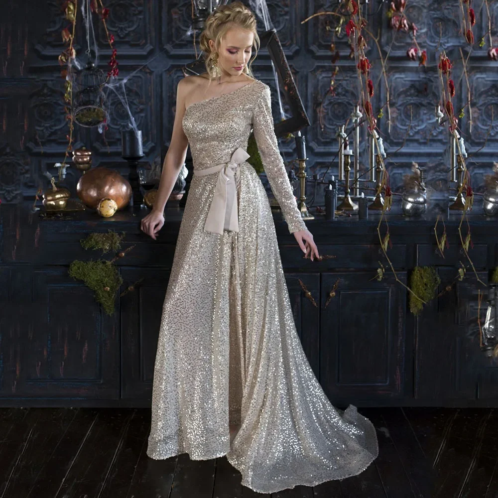 Vintage Sequin One Shoulder Sleeve Evening Dress Belt Women Formal Party Prom Gorgeous Floor Length Dresses فساتين السهرة
Vintage Sequin One Shoulder Sleeve Evening Dress Belt Women Formal Party Prom Gorgeous Floor Length Dresses فساتين السهرة