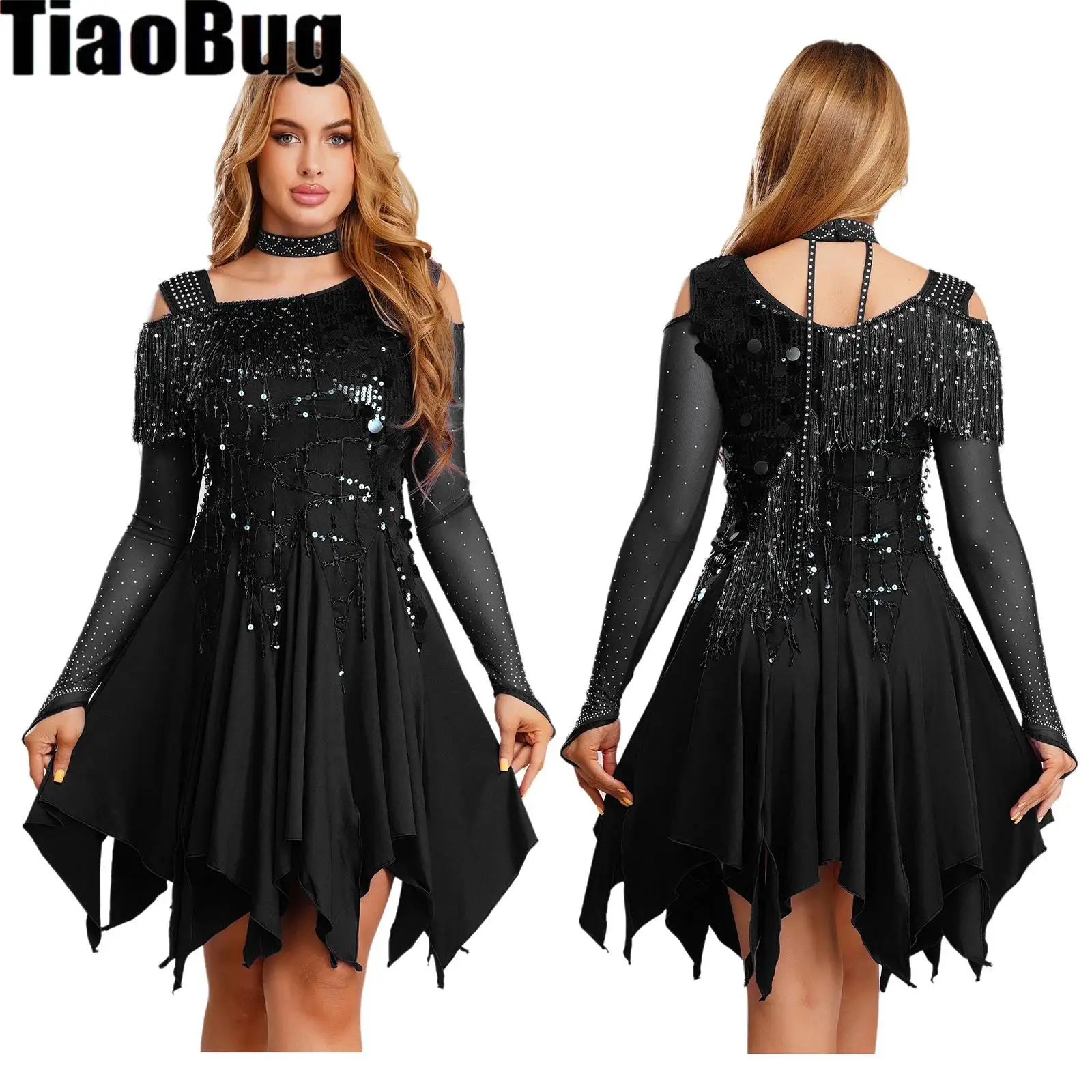 Women Tassel Latin Tango Dance Dress with Choker Sequin Asymmetrical Shoulder Mesh Long Sleeve Irregular Hem Rhinestone Dress
Women Tassel Latin Tango Dance Dress with Choker Sequin Asymmetrical Shoulder Mesh Long Sleeve Irregular Hem Rhinestone Dress