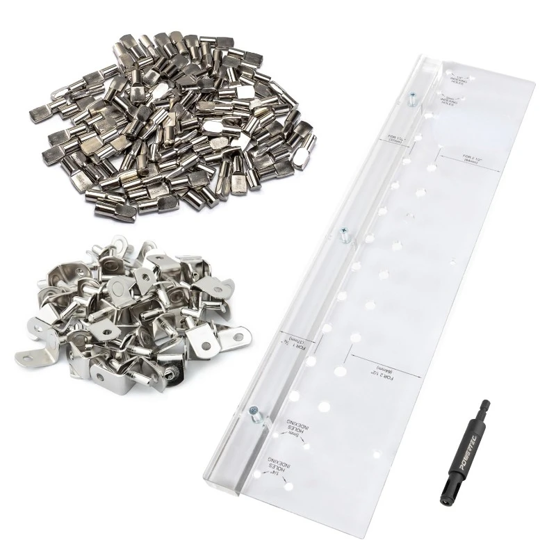Shelf Pin Drilling Jig with 1/4 Inch Self Centering Bit, 100-PC 1/4" Spoon Shelf Pins and 50-PC L-Shaped Shelf Support Brackets
Shelf Pin Drilling Jig with 1/4 Inch Self Centering Bit, 100-PC 1/4" Spoon Shelf Pins and 50-PC L-Shaped Shelf Support Brackets