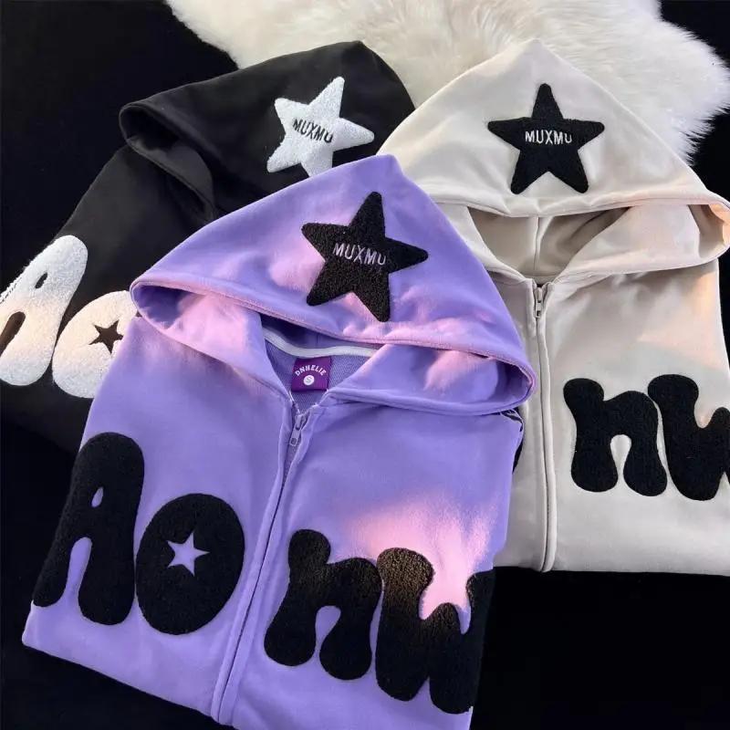 Y2k zip up hoodie Women Harajuku American-style retro High Street Embroidery stars Zipper hoodie loose lazy style chic coat top
Y2k zip up hoodie Women Harajuku American-style retro High Street Embroidery stars Zipper hoodie loose lazy style chic coat top
