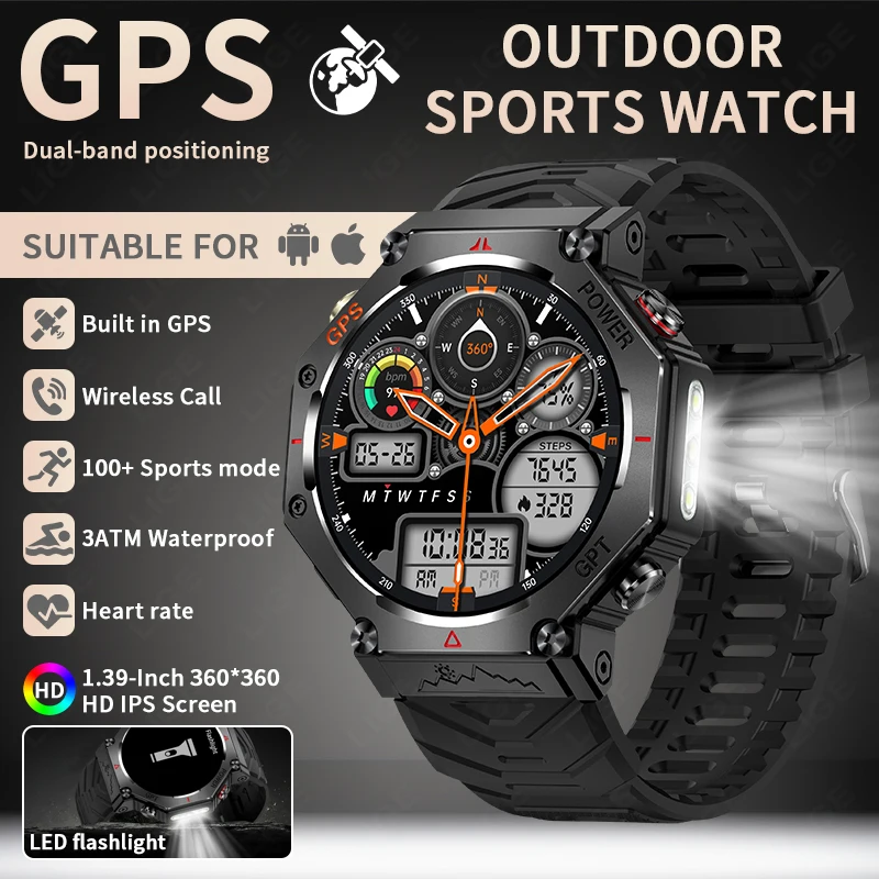 LIGE Smart Watch Flashlight HD Large Screen GPS Wireless Call Waterproof Music Control smart watch for men high-end Android IOS