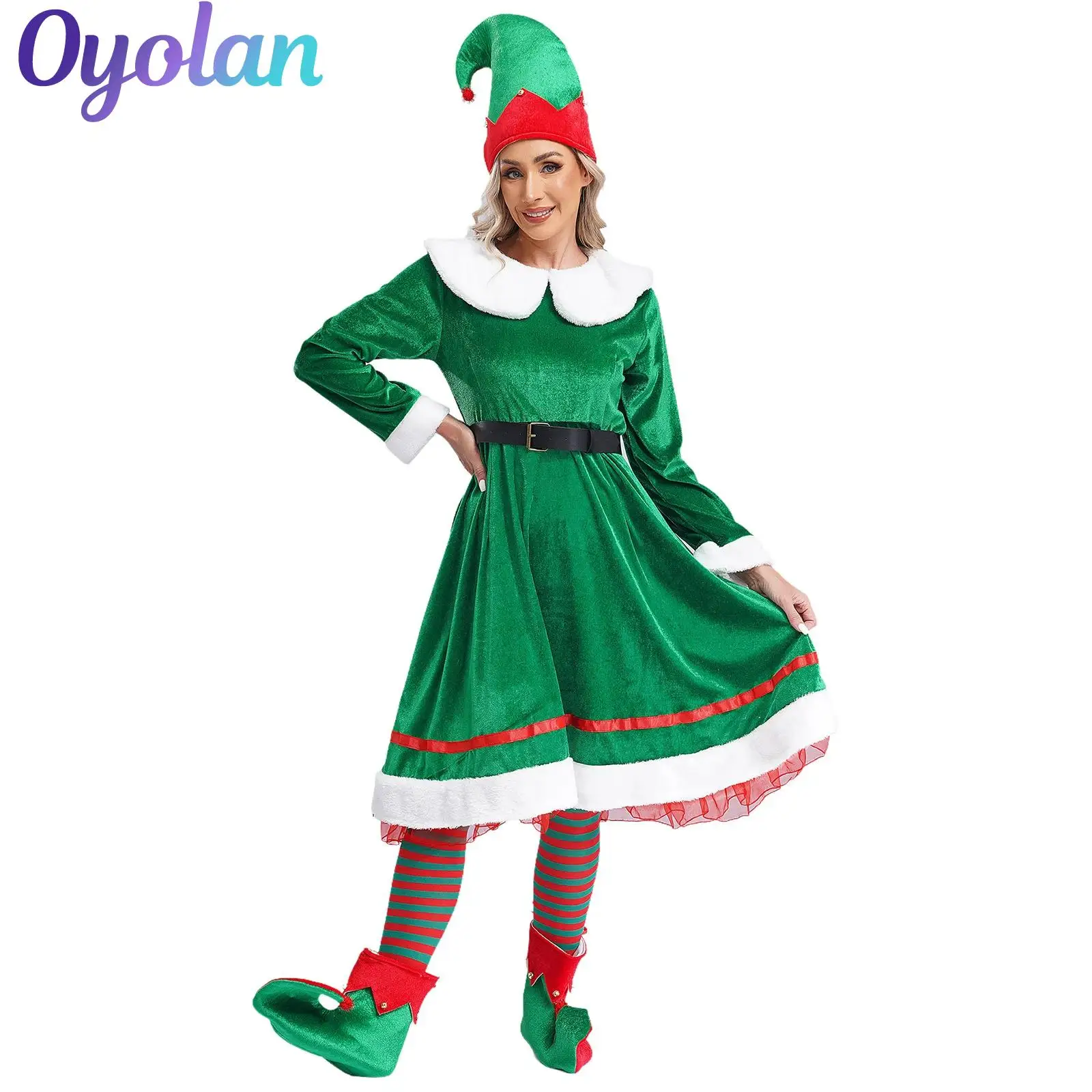Womens Christmas Elf Xmas Cosplay Outfit Santa Claus New Year Helper Costume Flannel Dress with Belt Hat Striped Stockings Shoes 
Womens Christmas Elf Xmas Cosplay Outfit Santa Claus New Year Helper Costume Flannel Dress with Belt Hat Striped Stockings Shoes
