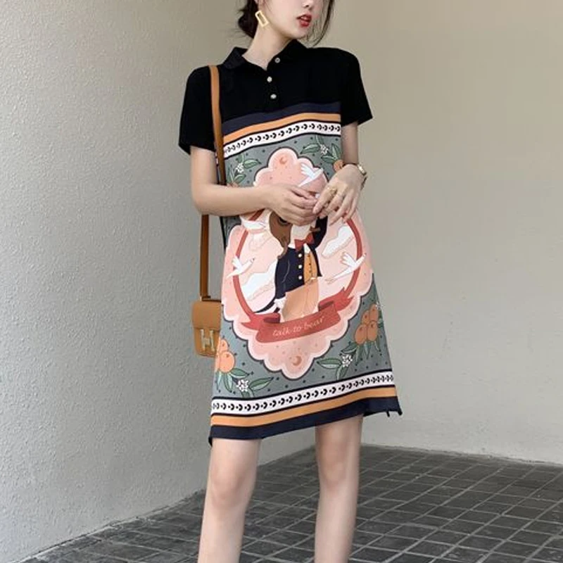 Summer POLO Collar Fashion Short Sleeve Midi Dress Women High Street Casual Elegant Dresses Kawaii Printing All-match Vestidos
Summer POLO Collar Fashion Short Sleeve Midi Dress Women High Street Casual Elegant Dresses Kawaii Printing All-match Vestidos