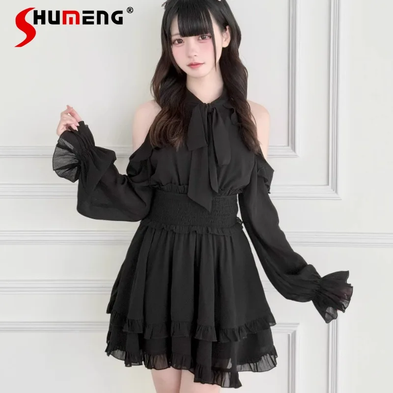Sexy Off-Shoulder Black White Gray Dress Japanese Lolita Style Mass-Produced Original Design Clear Bell Sleeves Dresses Women
Sexy Off-Shoulder Black White Gray Dress Japanese Lolita Style Mass-Produced Original Design Clear Bell Sleeves Dresses Women