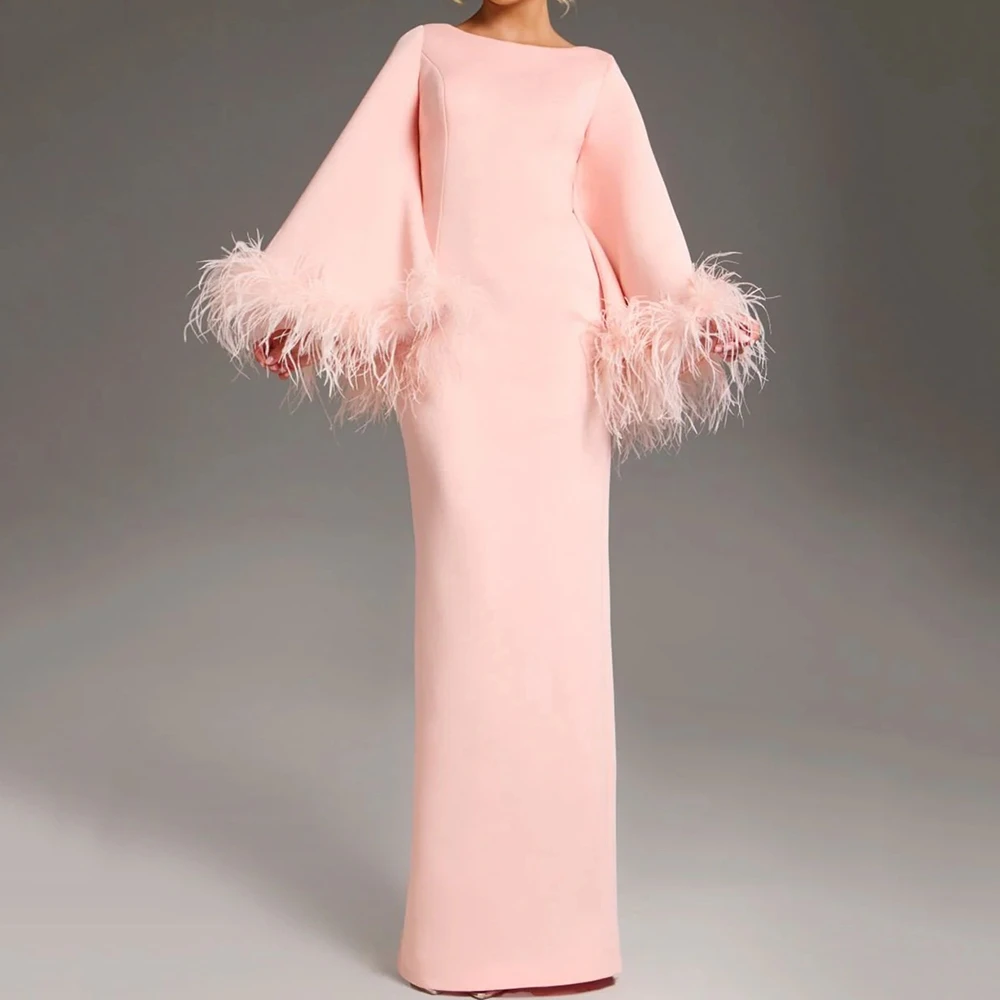 Elegant Women's Pink Boat Neck Evening Dress Feather Bell Sleeve Slim Formal Gown for Prom Wedding Gala Party Events
Elegant Women's Pink Boat Neck Evening Dress Feather Bell Sleeve Slim Formal Gown for Prom Wedding Gala Party Events