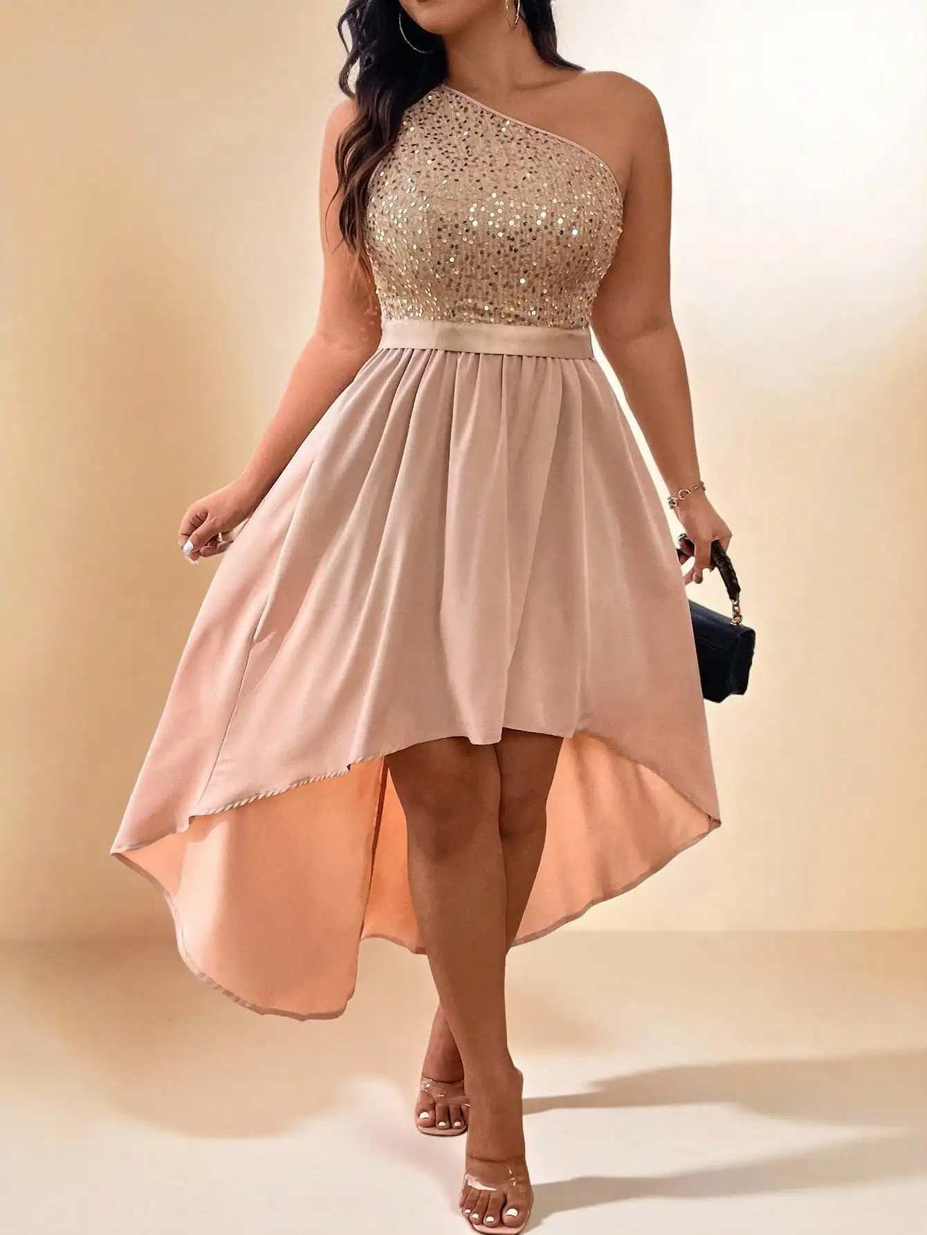 One-Shoulder Sequin Bodice High-Low Dress in Blush Pink for Evening Events
One-Shoulder Sequin Bodice High-Low Dress in Blush Pink for Evening Events