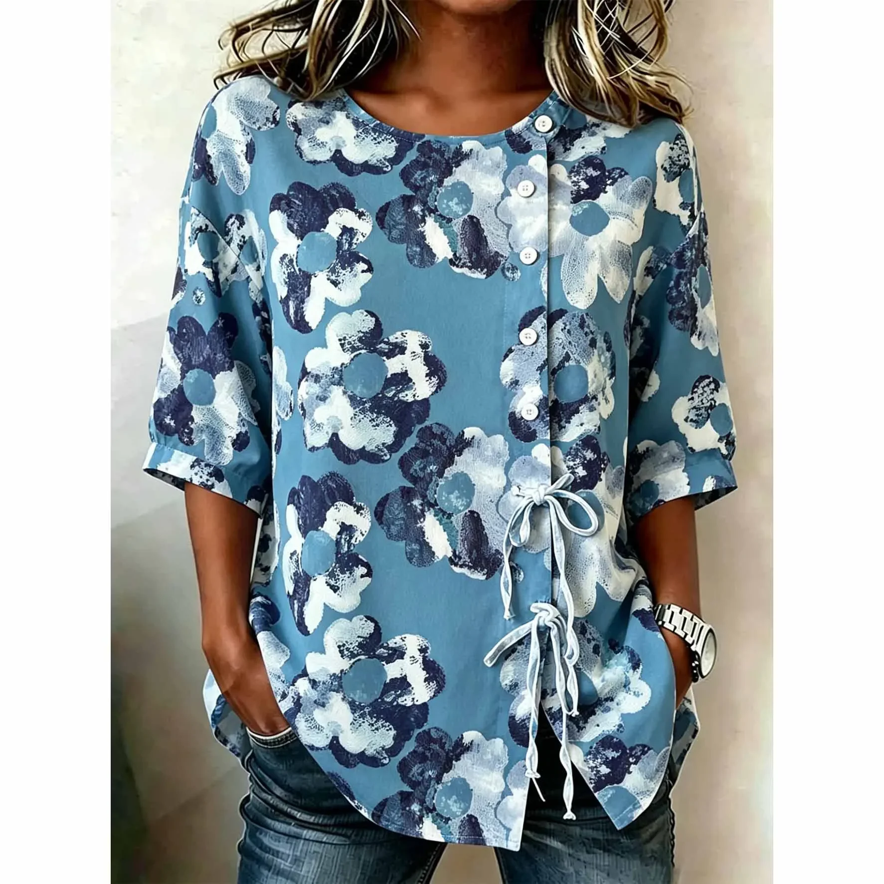 Women Blue Big Floral Side Tie Half Sleeve Blouse
Women Blue Big Floral Side Tie Half Sleeve Blouse