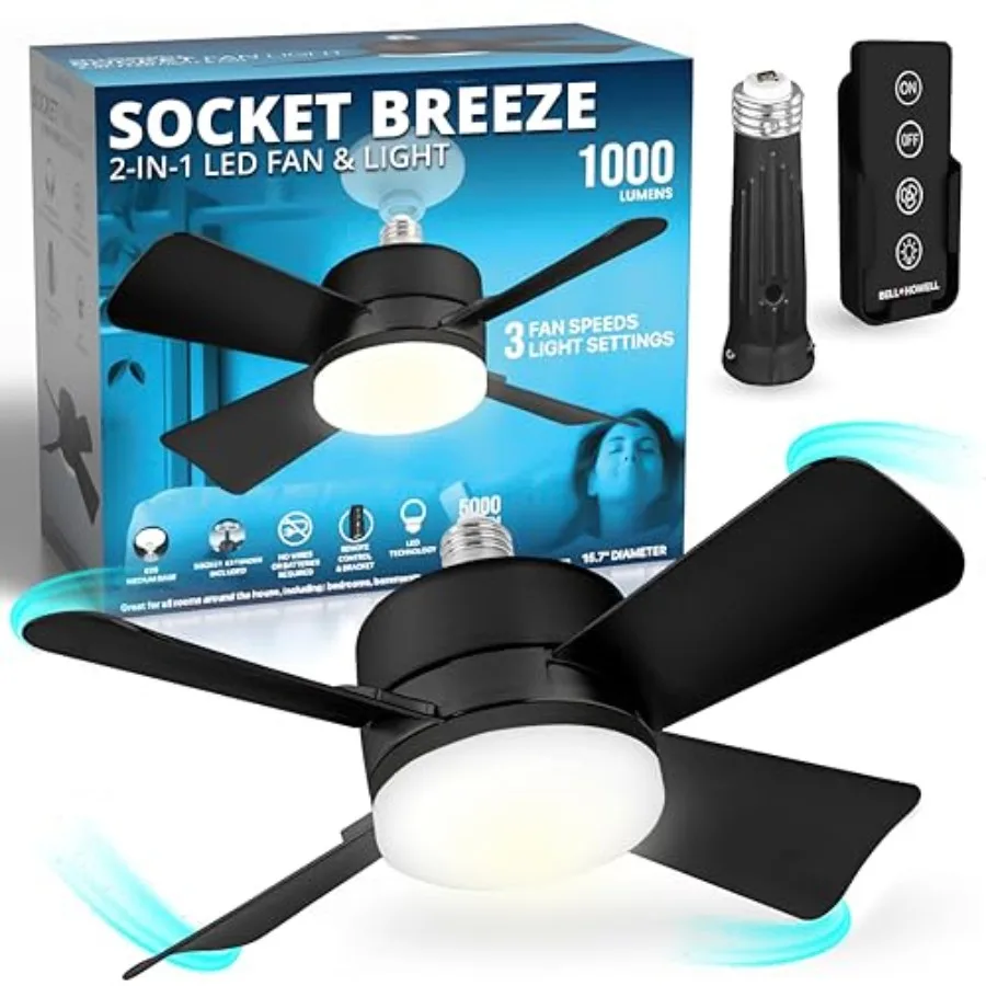 Socket Breeze Socket Fan Light with Remote, Portable Small Ceiling Fans with Lights for Bedroom, Kitchen, Living Room, Ceiling
Socket Breeze Socket Fan Light with Remote, Portable Small Ceiling Fans with Lights for Bedroom, Kitchen, Living Room, Ceiling