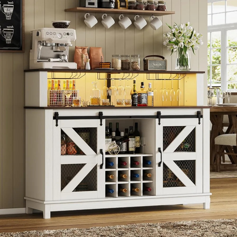 55" Farmhouse Coffee Bar with LED Lights, Coffee Bar Cabinet with Storage and Hutch, Wine Bar with Sliding Barn Door & Wine and
55" Farmhouse Coffee Bar with LED Lights, Coffee Bar Cabinet with Storage and Hutch, Wine Bar with Sliding Barn Door & Wine and