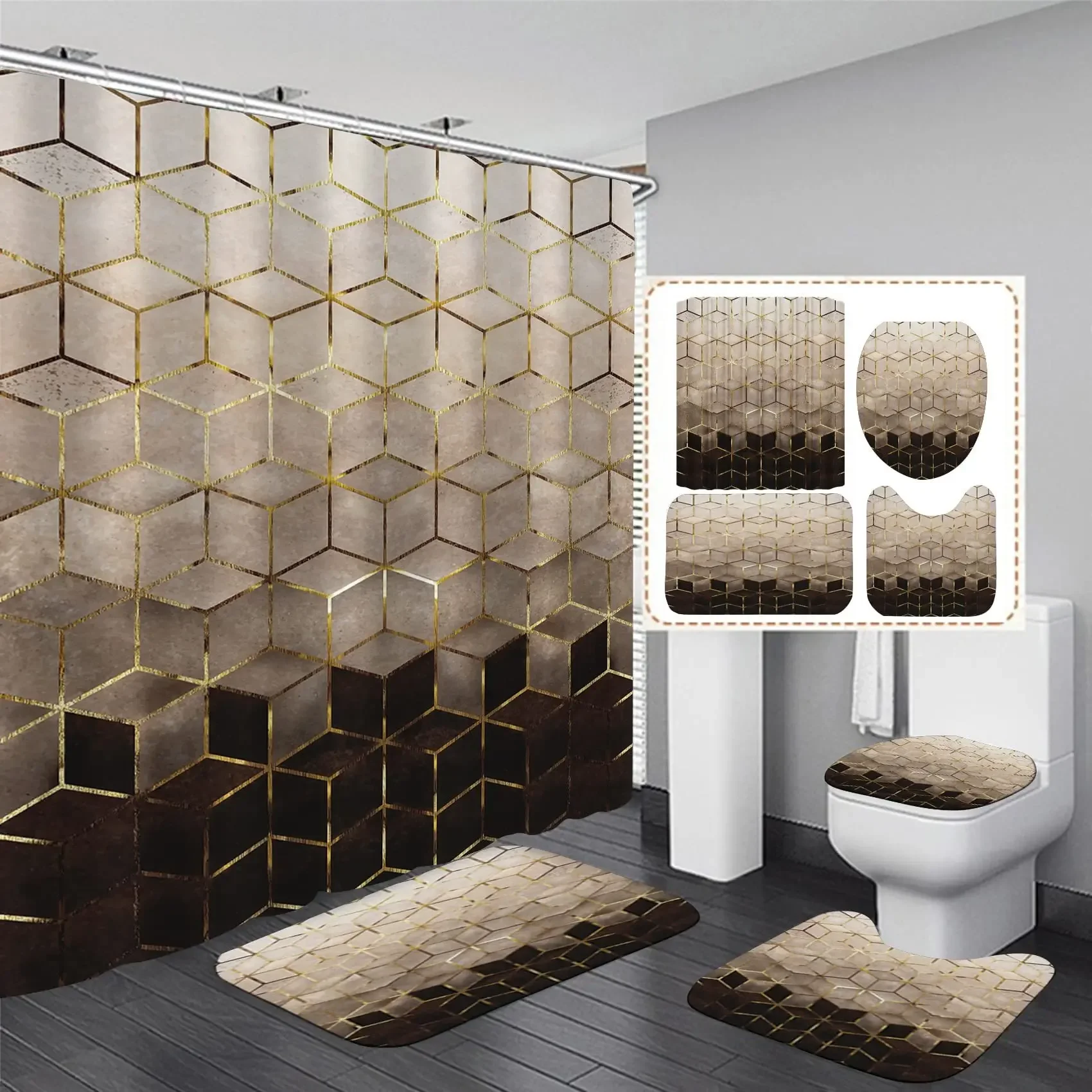4pcs Geometric Pattern Bathroom Shower Curtain Set, With 12 Hooks, Anti-Slip Mats, And Toilet Lid Cover, Modern Home Decor
4pcs Geometric Pattern Bathroom Shower Curtain Set, With 12 Hooks, Anti-Slip Mats, And Toilet Lid Cover, Modern Home Decor