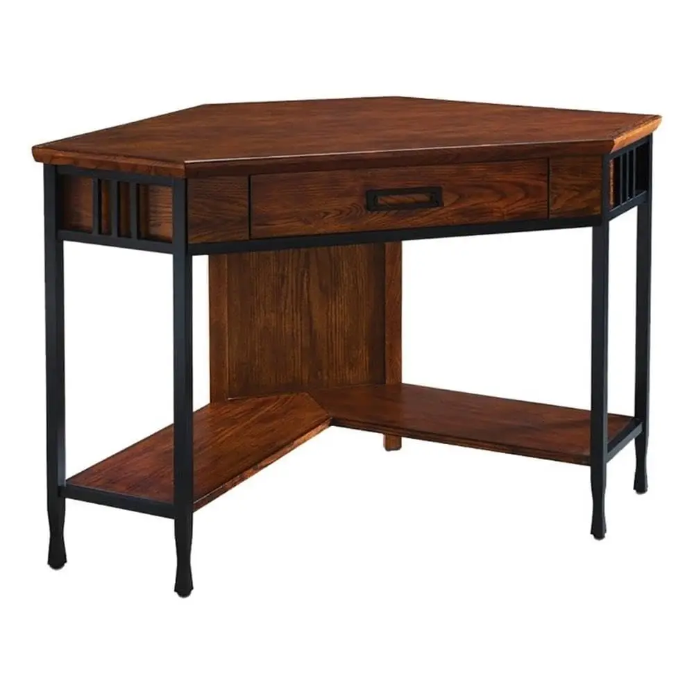 Hardwood Corner Computer Desk, 48 W x 24.5 D x 30 H, Mission Oak Finish, Blackened Metal Legs, Drop Front Lid, Lower Storage Sh
Hardwood Corner Computer Desk, 48 W x 24.5 D x 30 H, Mission Oak Finish, Blackened Metal Legs, Drop Front Lid, Lower Storage Sh
