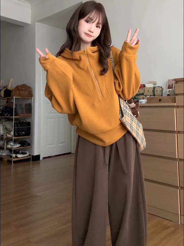 Loose Korean Style Hoodie Women's Long Sleeve Half Zip up Sweatshirt Autumn Winter plus Size Comfortable Lazy Anti-Aging Top
Loose Korean Style Hoodie Women's Long Sleeve Half Zip up Sweatshirt Autumn Winter plus Size Comfortable Lazy Anti-Aging Top
