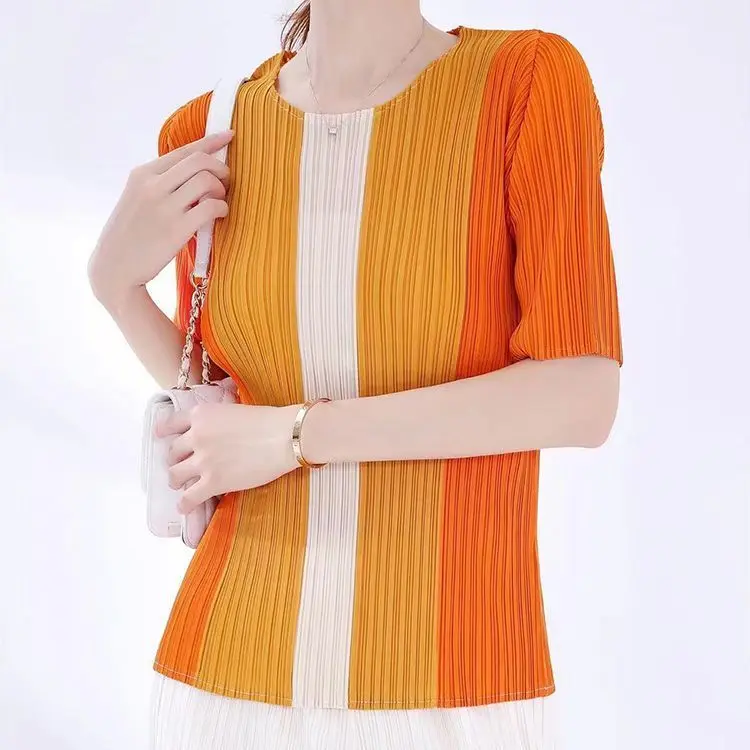 Fashion Colorblock Stripe Round Neck Pleated Top Commuter Elastic Short Sleeve T-shirt Women's Summer New Style
Fashion Colorblock Stripe Round Neck Pleated Top Commuter Elastic Short Sleeve T-shirt Women's Summer New Style