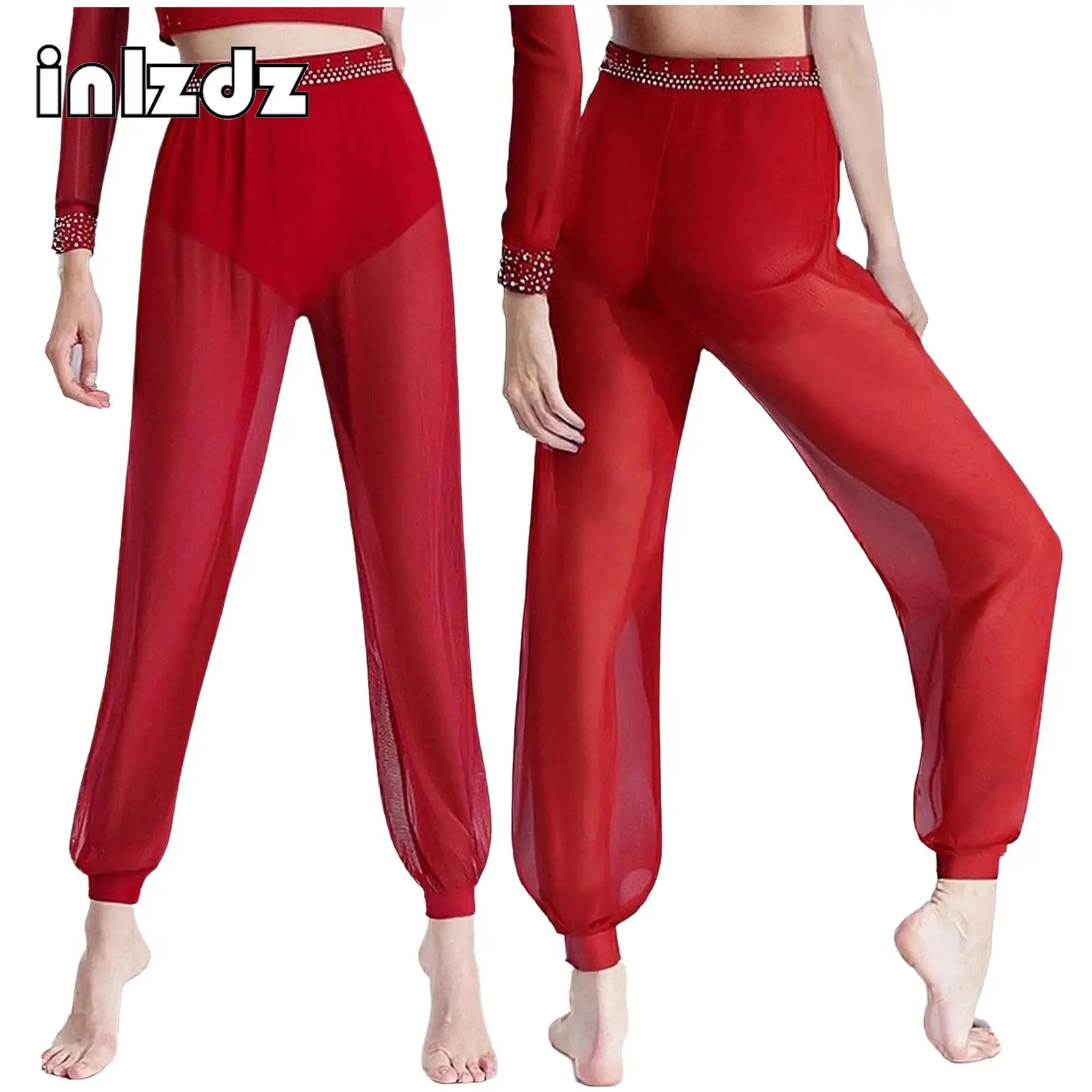 Womens Latin Dance Sheer Mesh Pants Built-in Briefs Rhinestone Waistline Bloomers Belly Dance Lyrical Dance Long Pants Costume
Womens Latin Dance Sheer Mesh Pants Built-in Briefs Rhinestone Waistline Bloomers Belly Dance Lyrical Dance Long Pants Costume