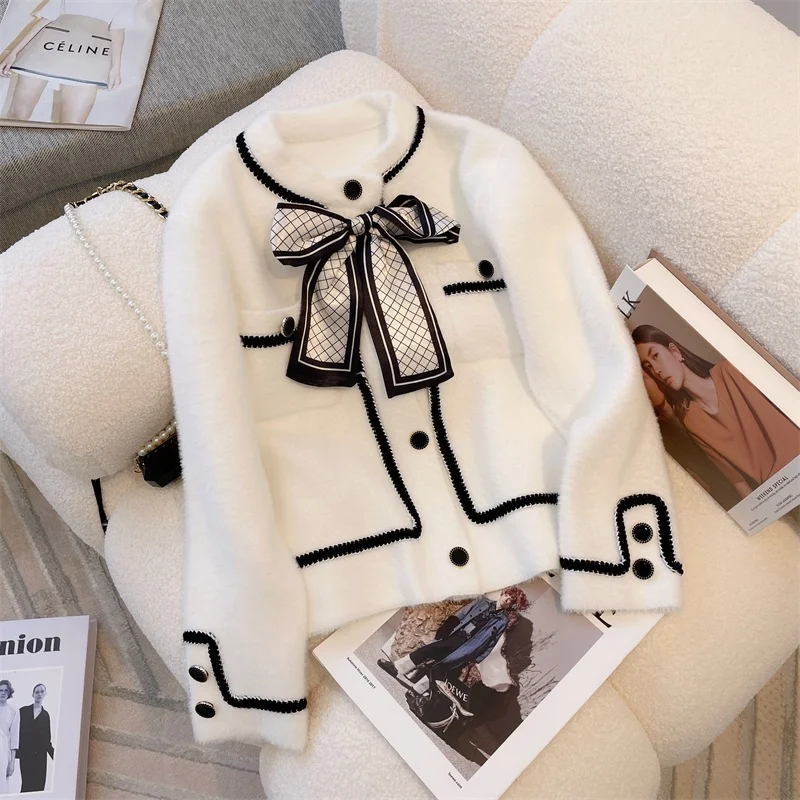 Lace Up Bow Sweater Autumn Winter New French Color Blocked O-Neck Jacket Loose Imitation Mink Long Sleeved Knitted Cardigan Top
Lace Up Bow Sweater Autumn Winter New French Color Blocked O-Neck Jacket Loose Imitation Mink Long Sleeved Knitted Cardigan Top