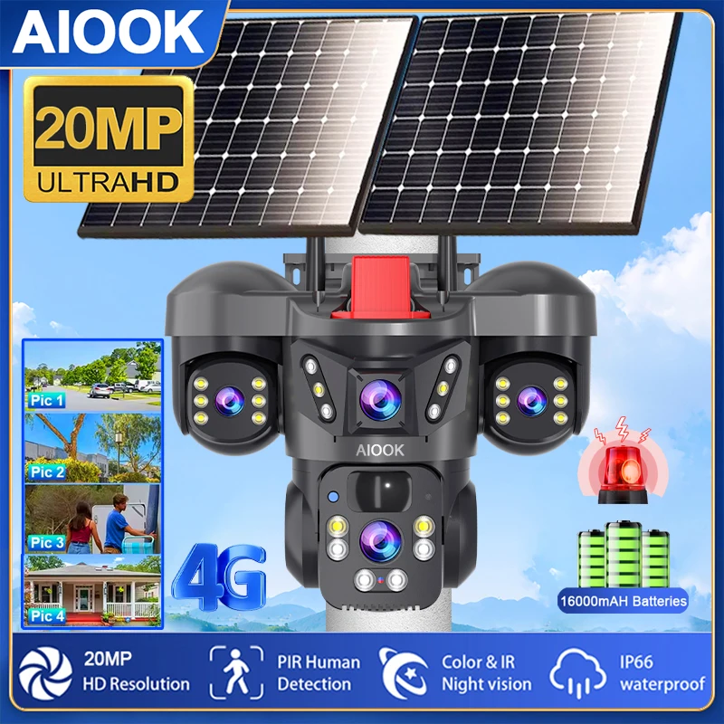AIOOK Solar Camera 4 Lens HD 20MP 4G Camera 28000 MAh Battery Waterproof Night Vision IP CCTV Two-Way Intercom Mobile Tracking
AIOOK Solar Camera 4 Lens HD 20MP 4G Camera 28000 MAh Battery Waterproof Night Vision IP CCTV Two-Way Intercom Mobile Tracking