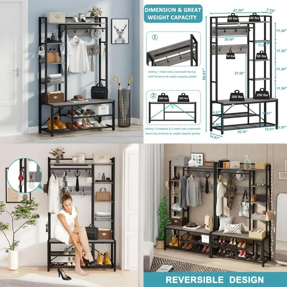 Multi-Functional Wooden and Metal Entryway Bench with Coat Rack, Shoe Storage, and Hooks 
Multi-Functional Wooden and Metal Entryway Bench with Coat Rack, Shoe Storage, and Hooks