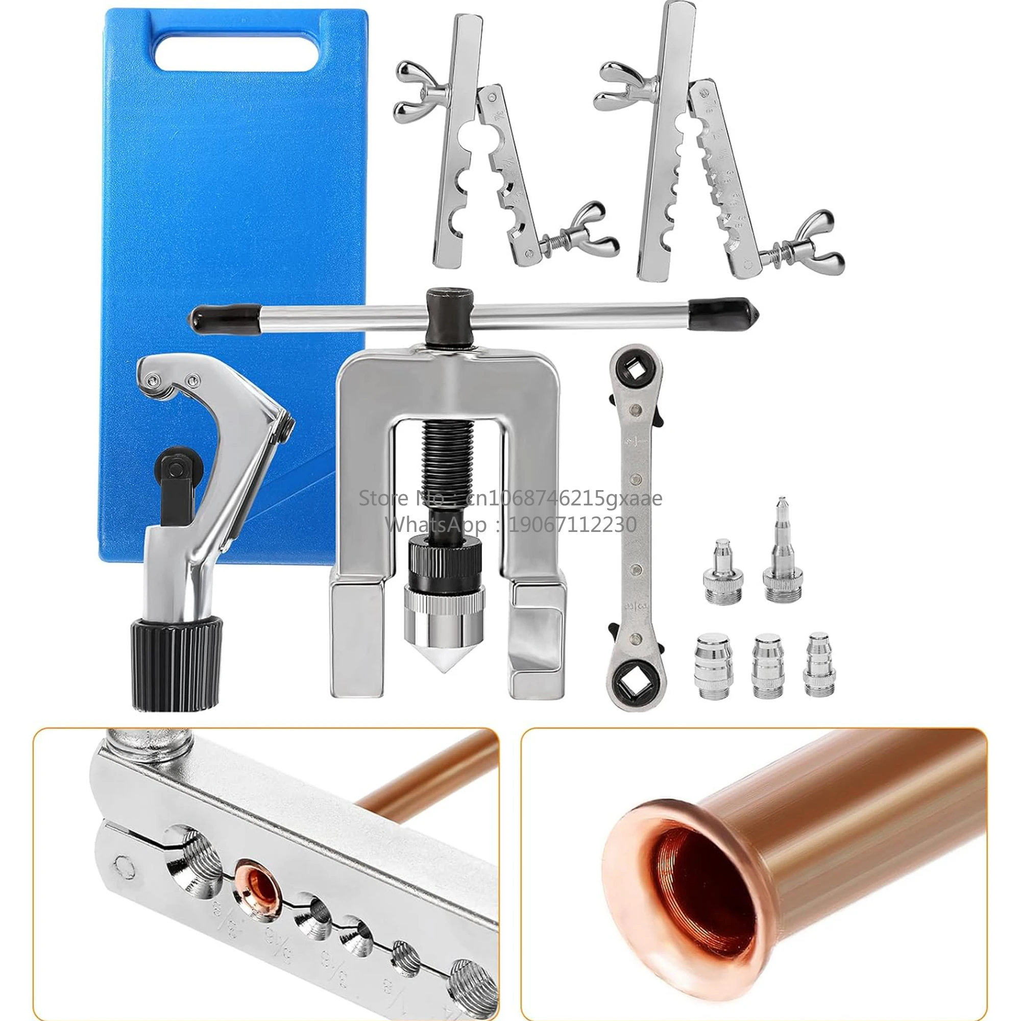 45° Single Flaring Tool Set with 2 Rod Ratchet Wrenches 5 Forged Adapters 7 Tube Sizes Break Lines and HVAC Forged Tool Set
45° Single Flaring Tool Set with 2 Rod Ratchet Wrenches 5 Forged Adapters 7 Tube Sizes Break Lines and HVAC Forged Tool Set