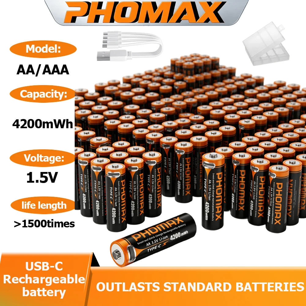 PHOMAX AA Rechargeable Lithium Battery USB C 1.5V 4200mWh Batteries aa for Toy Watch MP3 Thermometer Keyboard + Charging Cable
PHOMAX AA Rechargeable Lithium Battery USB C 1.5V 4200mWh Batteries aa for Toy Watch MP3 Thermometer Keyboard + Charging Cable
