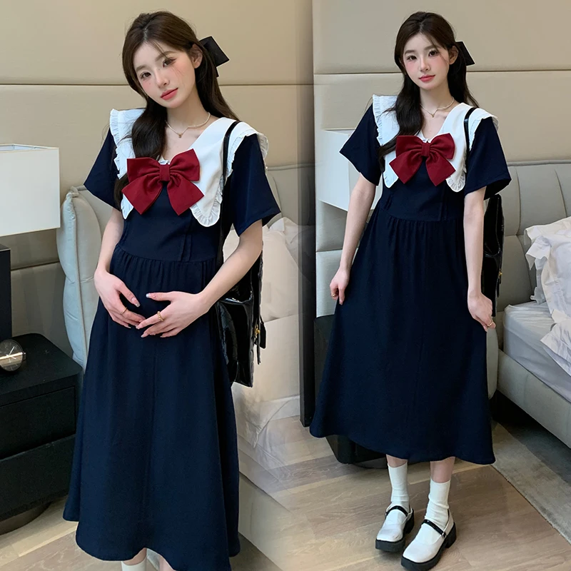 Summer Preppy Style Bowknot Sailor Collar Maternity A-line Dress Fashion Long Loose Pregnant Woman Preppy Style Dress Wholesale
Summer Preppy Style Bowknot Sailor Collar Maternity A-line Dress Fashion Long Loose Pregnant Woman Preppy Style Dress Wholesale
