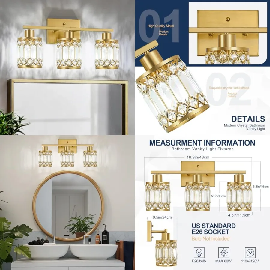 Crystal Modern Bathroom Light Fixtures, Bathroom Vanity Wall Light, Vanity Lights for Mirror, Restroom, Bedroom E26 Socket, Bul
Crystal Modern Bathroom Light Fixtures, Bathroom Vanity Wall Light, Vanity Lights for Mirror, Restroom, Bedroom E26 Socket, Bul