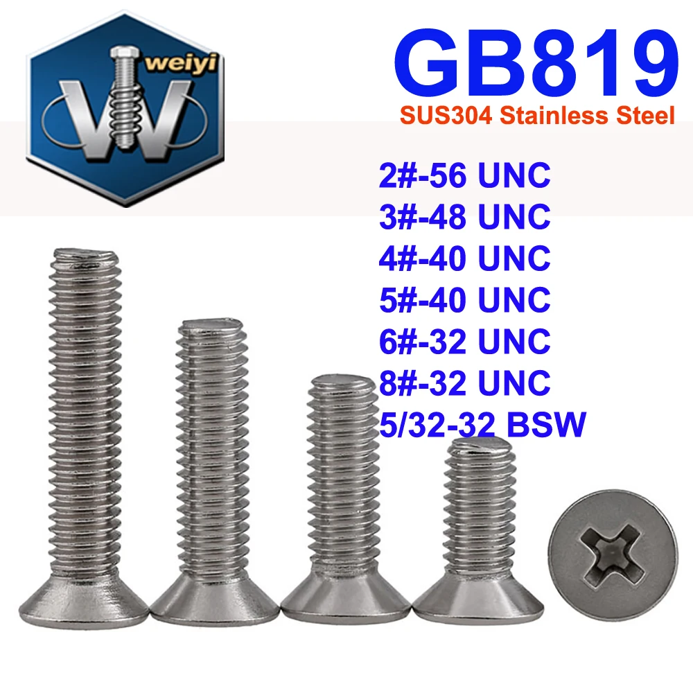 Weiyi GB819 2# 3# 4# 5# 6# 8# UNC 5/32-32 BSW SUS304 Stainless Steel Cross Recessed Countersunk Head Phillips Screws
Weiyi GB819 2# 3# 4# 5# 6# 8# UNC 5/32-32 BSW SUS304 Stainless Steel Cross Recessed Countersunk Head Phillips Screws