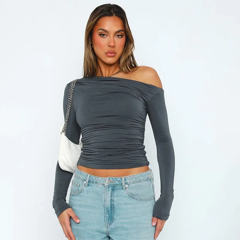 Women's Long Sleeve Oblique Collar T-Shirt Tops Spring Autumn New Irregular Hem Slim Casual Top Ladies Off Shoulder Solid Shirts
Women's Long Sleeve Oblique Collar T-Shirt Tops Spring Autumn New Irregular Hem Slim Casual Top Ladies Off Shoulder Solid Shirts