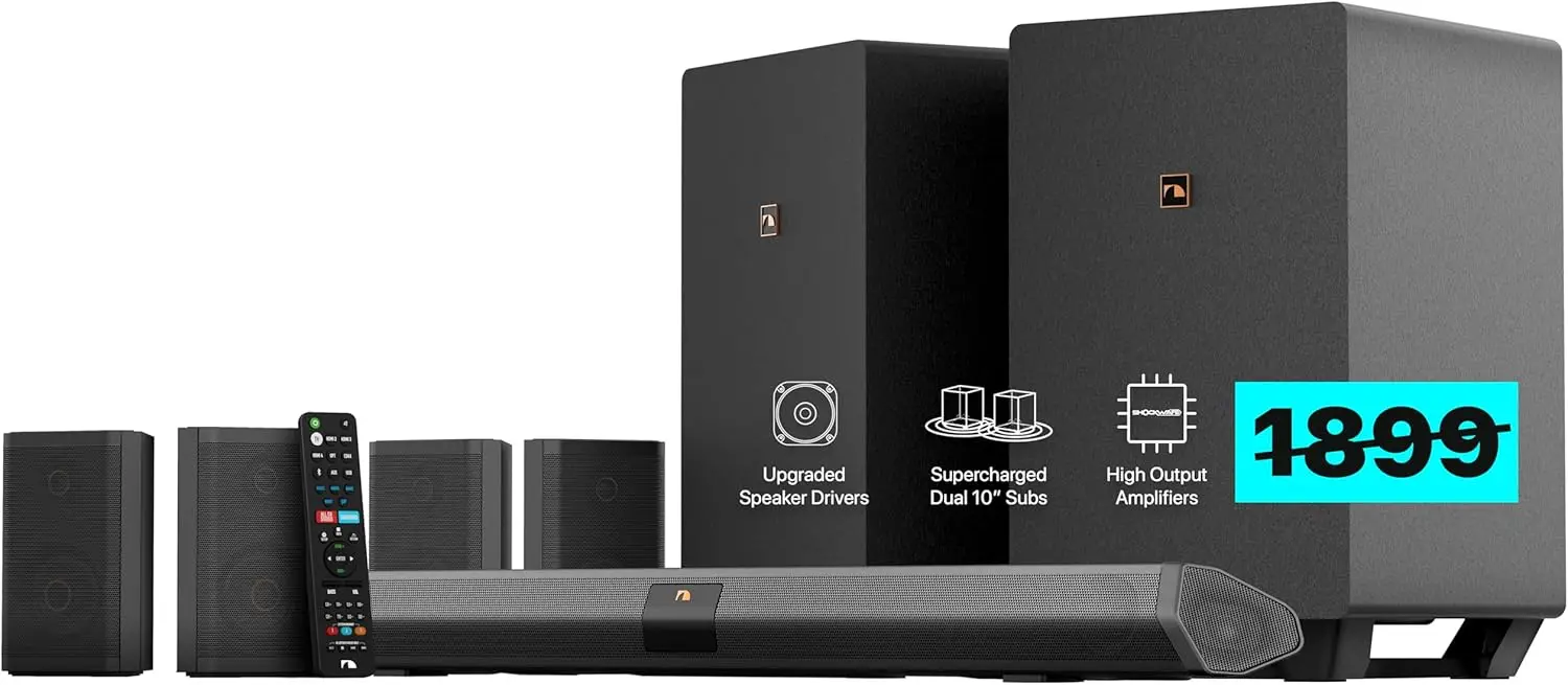 Shockwafe Ultra 9.2.4 Channel Soundbar System with Dolby Atmos/DTS:X, Dual 10" Subwoofers, 4 Rear Surround Speakers, 1300 Watts
Shockwafe Ultra 9.2.4 Channel Soundbar System with Dolby Atmos/DTS:X, Dual 10" Subwoofers, 4 Rear Surround Speakers, 1300 Watts