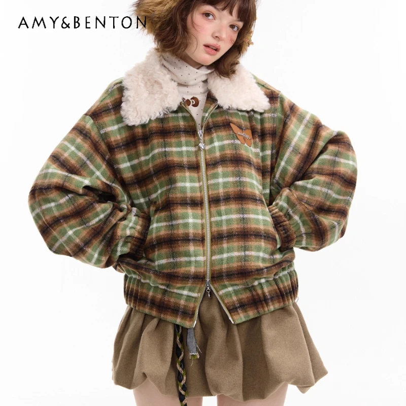 Autumn Winter New Thickened Casual Slimming Design Women's Coat American Retro Design Green Woolen Plaid Fur Collar Coats Ladies
Autumn Winter New Thickened Casual Slimming Design Women's Coat American Retro Design Green Woolen Plaid Fur Collar Coats Ladies
